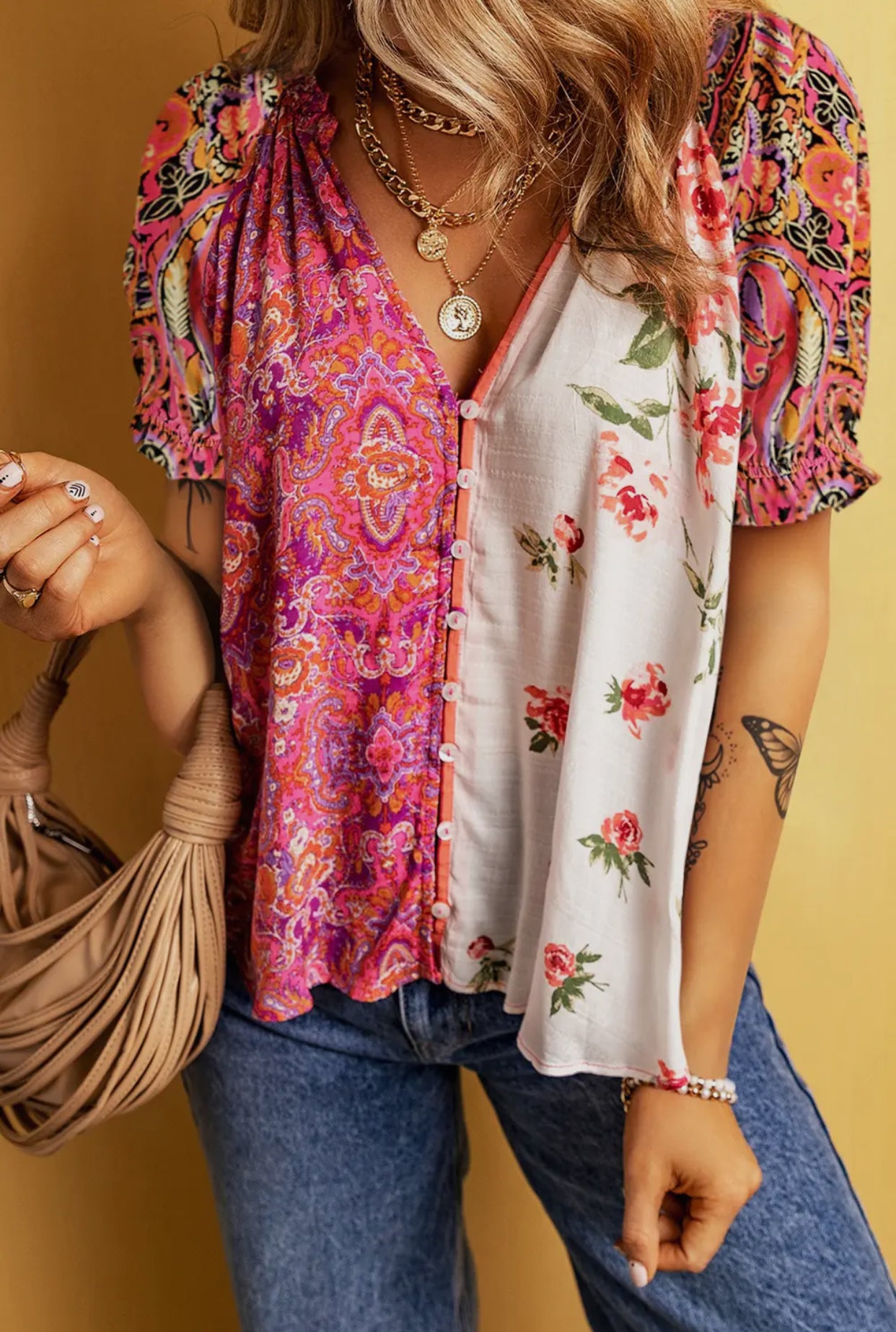 Boho Floral Patchwork Buttoned Short Sleeve Blouse